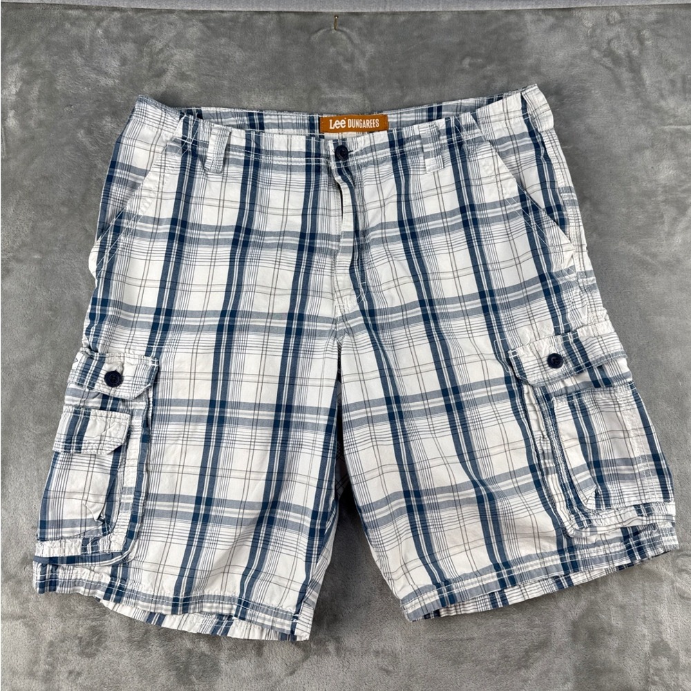 Lee Cargo Shorts Mens 38 Dungarees Blue White Plaid Cotton Relaxed EUC